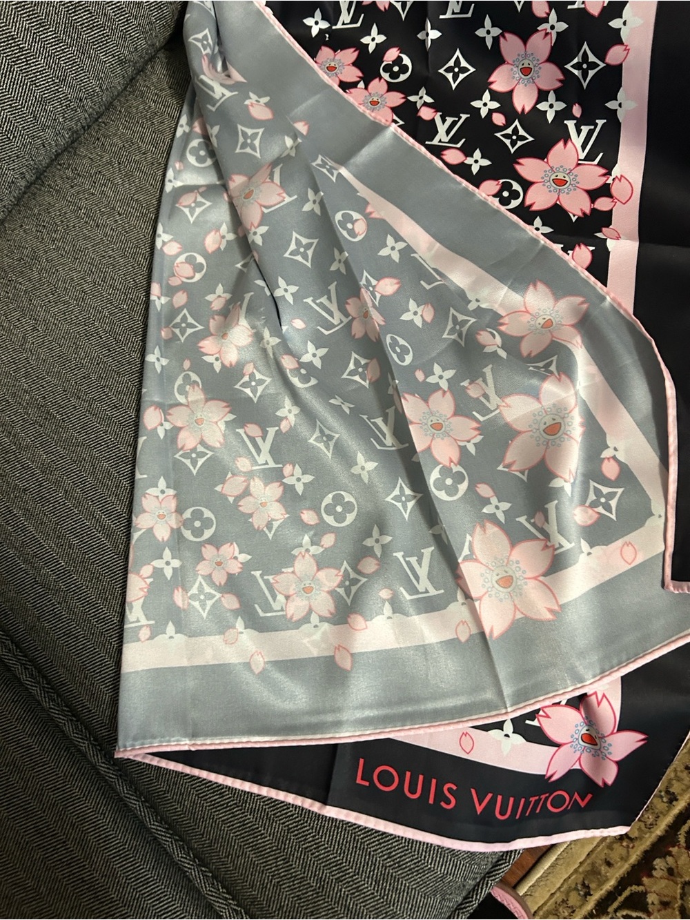 Louis Vuitton Black and Pink Monogram Floral Silk Scarf - Picture 2 of 4